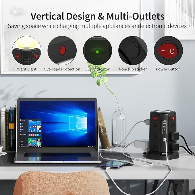 Long Surge Protector Power Strip 16 FT Cord, PD20W USB C Power Strip Tower with Night Light, Extension Cord with Multiple Outlets with 4 USB Ports, PASSUS Charging Station Home Office Essentials Black