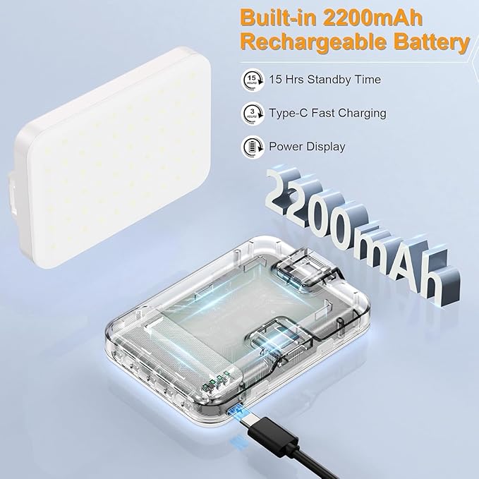 Selfie Light, LED Camera Light Video Lights 60 LED 2200mAh Rechargeable Phone Light 7 Modes, 10-Level Brightness, Portable Clip on Light for Phone/Tablet/Laptop White