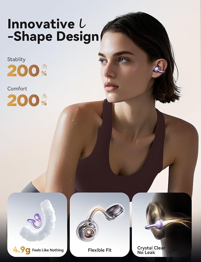 JOYROOM OE3 Clip-On Earbuds, Wireless Open Ear Earbuds Headphones, Auto L-R Recognition, Omni Tap Control, Immersive Sound, Ultra-Light 4.9g Fit,Comfortable ear buds for Workouts and Daily Use, Purple