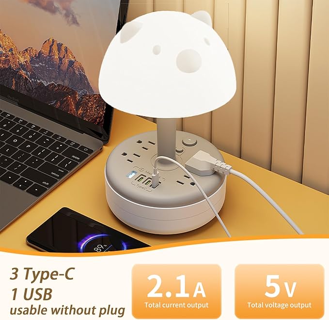 Power Strip Surge Protector with Desk Lamp, 6FT Retractable Extension Cord, 3 Light Modes, 4 AC Outlets, 1 Smart USB-A & 3 USB-C Ports, Portable Power Strip for Home Office Dorm