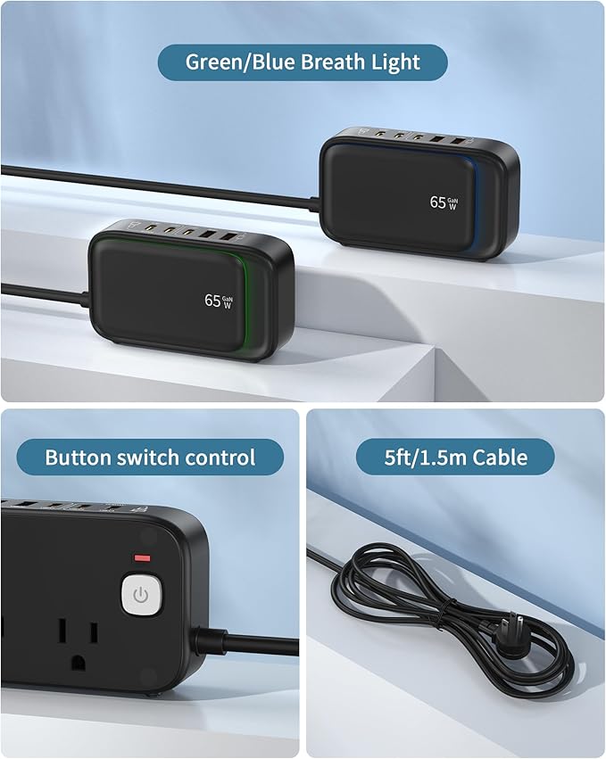 Power Strip with USB C Ports,30W USB C Charging Station,Surge Protection 1200J, 5FT Flat Extension Cord USB Charger Hub for Multiple Devices (Pearl Black, 30w)