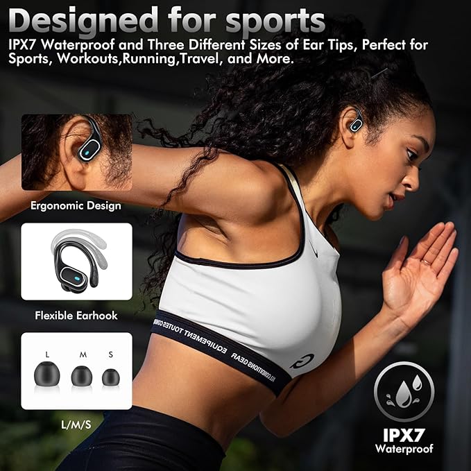 Wireless Earbuds Bluetooth 5.3 Headphones with 80H Playback, IPX7 Waterproof Over Ear Buds with LED Power Display for Sports Running Workouts Black