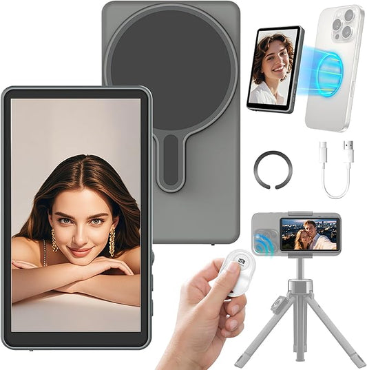 Magnetic Phone Vlog Selfie Monitor Screen - Back Camera Selfie Monitor - 1080P Display can Wirelessly Connect to Mobile Phones - Rear Camera Selfie Screen with Remote Controller(Grey)