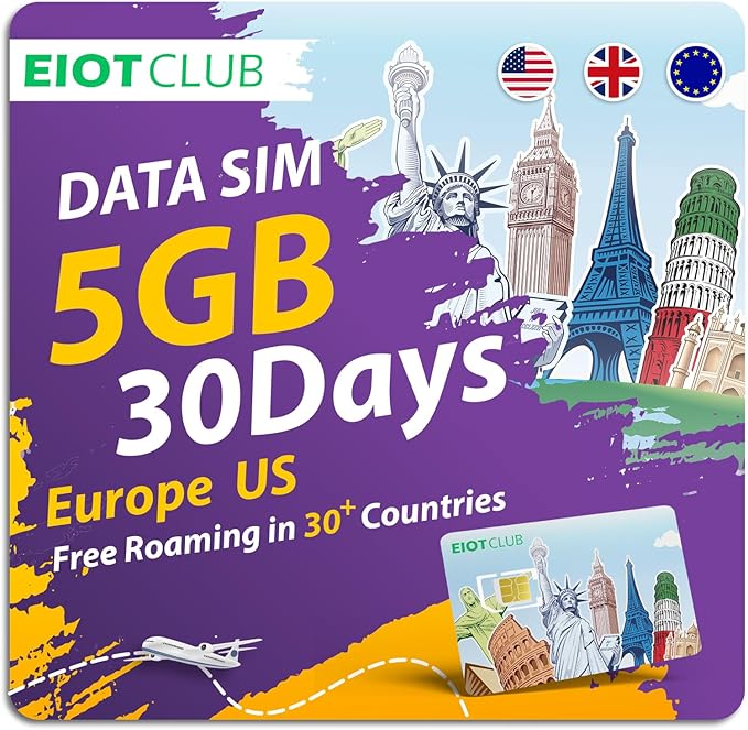 EIOTCLUB Prepaid Europe SIM Card, 5GB/30Days SIM Card, Use in 37 European Countries & The US, 5G/4G High Speed Data Card for Europe Travel (No Activation & Roaming Fees Required)