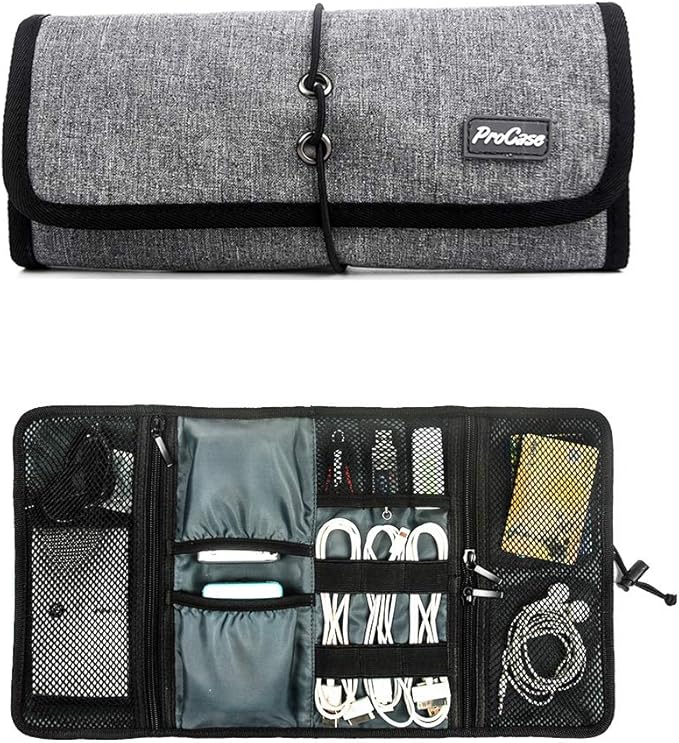 ProCase Electronic Organizer Cord Pouch, Travel Cable Charger Phone Accessories Bag Organizer Roll up Tech Carrying Case for USB Cables SD Memory Cards Earphone Flash Hard Drive -Grey