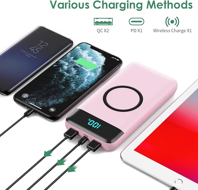 Wireless Portable Charger 30,800mAh 15W Wireless Charging 25W PD QC4.0 Fast Charging Smart LED Display USB-C Power Bank,4 Output& 2 Input External Battery Pack Compatible with iPhone,Samsung etc-Pink