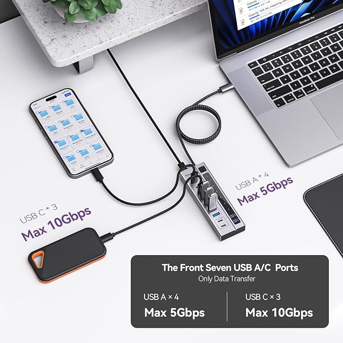 Minisopuru Powered USB C Hub – Support Max 45W Charging with 65W USB-C Power Adapter, 10Gbps, USBC Hub Charging for Meta Quest Pro, Steam, iPad Pro, iPhone, Watch (Not for Monitor)