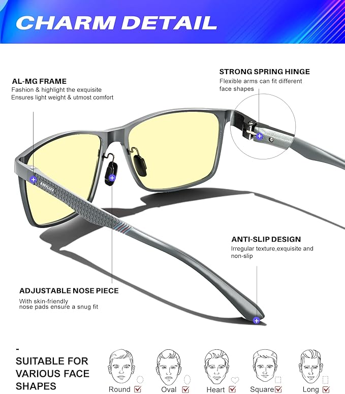 ANYLUV Blue Light Glasses Men, Relieve Eyestrain and Eye Protection, Al-Mg Metal Computer Blue Light Blocking Glasses