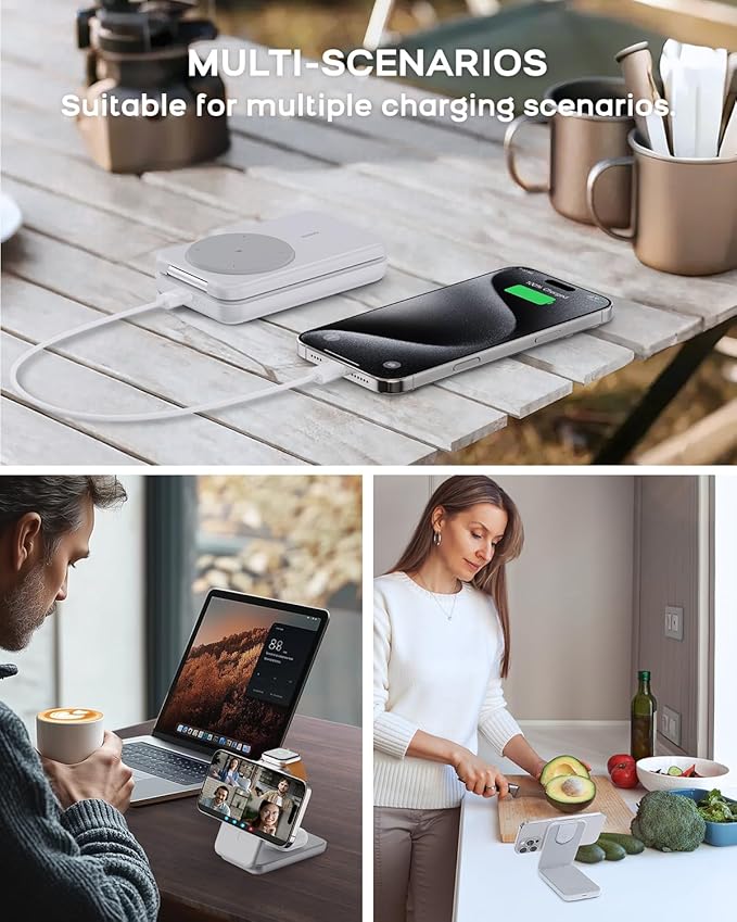 RORRY Portable Charger, 3-in-1 Charging Station 10000mAh Portable Charger Power Bank for MagSafe Foldable Battery Pack Travel for iPhone 16/15/14/13/12, for Apple Watch 10/9/8/7/6/5/Ultra/2, White