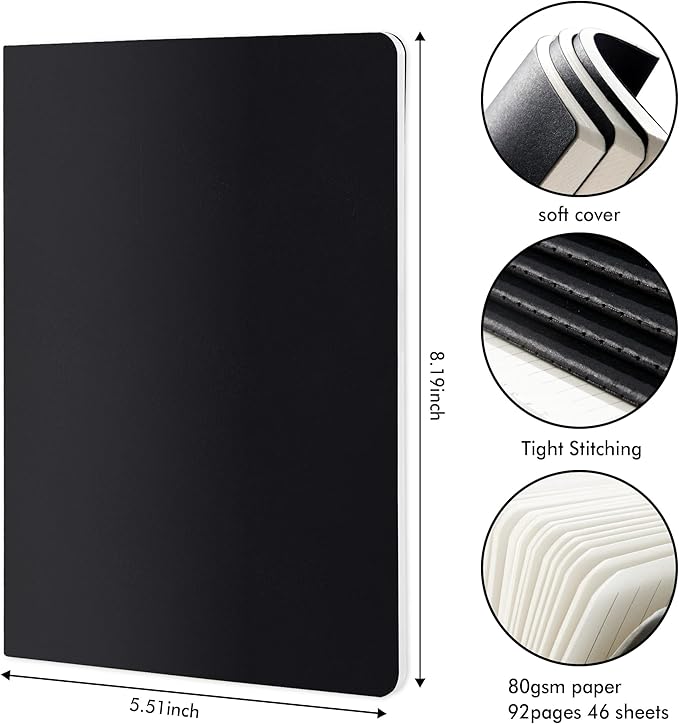 8 Pack Soft Cover Journal Bulk, Feela Notebooks College Ruled for Work, Lined Travel Journal for Women Men, Note Taking Notebook School Supplies Business Writing, 8.2” x 5.5”, A5, Black