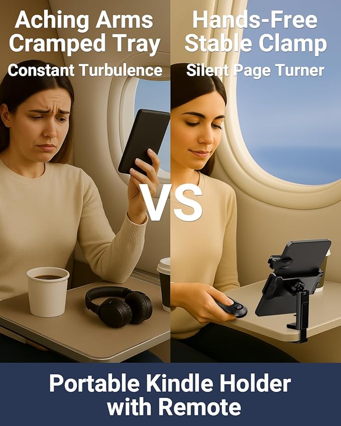 Kindle Travel Stand with Remote Page Turner – Foldable Kindle Holder and Clicker for Hands-Free Reading on Airplanes, Commutes & Camping