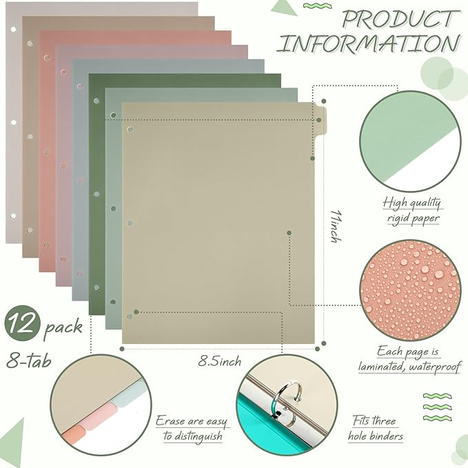 Honoson 12 Sets 8 Tab Dividers for 3 Ring Binders Plastic File 8.5 x 11 Inch Paper Multicolor Page Binder Index Dividers for School Office(Dark Color)