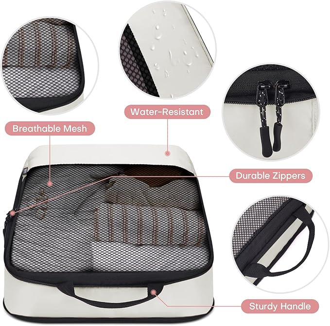 4 PCS Set Compression Packing Cubes for Travel, Lightweight Packaging Organizer Bags for Carry On Space Saving, Travel Essentials Cubes for Suitcase Backpack, Beige