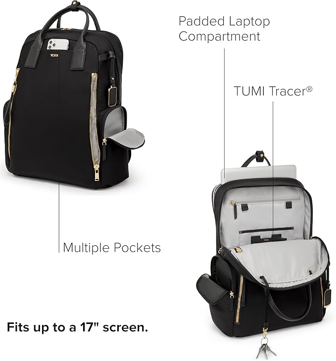 TUMI - Voyageur Atlanta Backpack - Travel Backpack for Women - For Business, Commute - Holds Up to 17" Laptop - Black & Gold Hardware