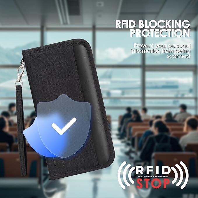 Passport Holder Family, RFID Blocking Travel Passport Wallet for 4-6 Women Men, Waterproof Travel Document Organizer Credit Cards Case, Portable Passport Bag with Zipper Pocket (Black)