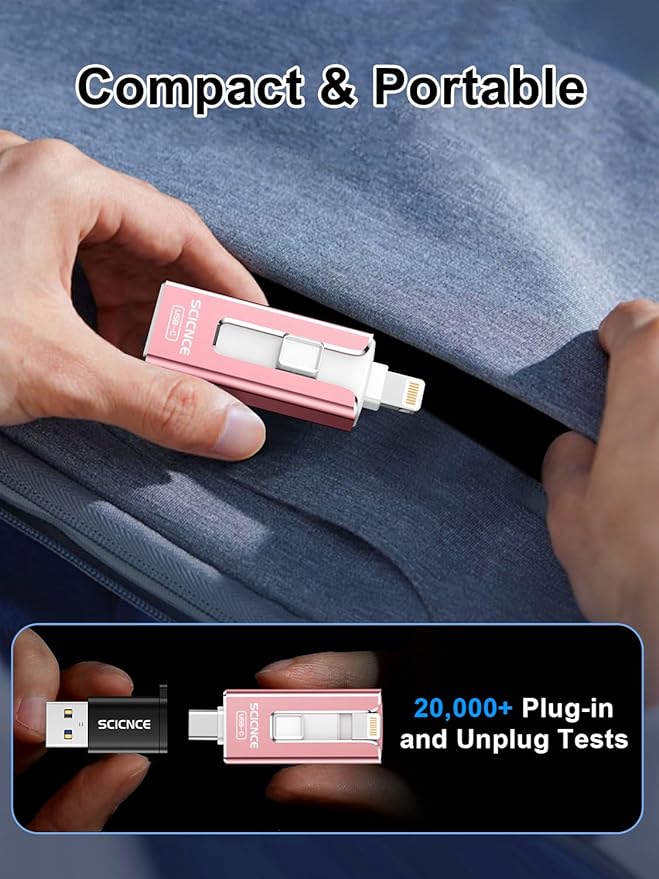SCICNCE 256GB Flash Drive Intended for iPhone, USB Memory Stick Storage Backup for Photos Videos, Plug and Play No APP Required, Compatible with iPhone iPad Android and Computers (Pink)