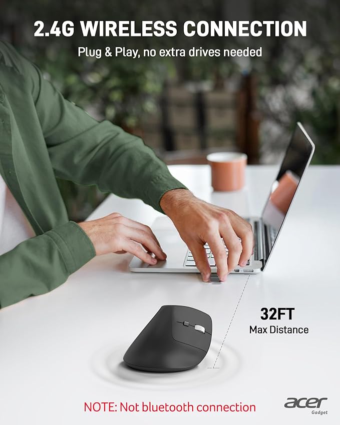 acer Ergonomic Mouse Wireless, Adjustable DPI Vertical Mouse 1000/1200/1600 with 6 Buttons, Rechargeable Ergo Mice with 2.4GHz USB Receiver for Computer, Laptop, PC, iMac and Desktop