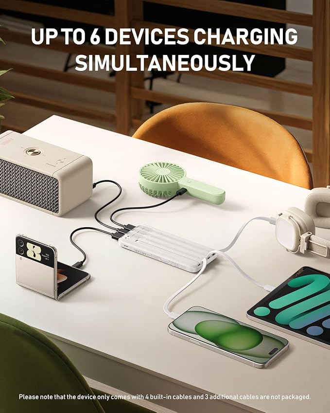 charmast Portable Charger with Built in Cables, 10000mAh Slim Power Bank, 15W USB C in&Out Port High Speed Charging External Charger, Battery Pack Compatible with iPhone 16 15 13 Samsung Google iPad