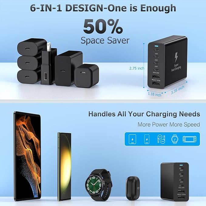USB C Charger Block, Costyle 125W 6 Port Super Fast Charger Type C Charging Block Station Hub Multiport USB C Wall Charger Power Adapter for Samsung S25 S23 S24 Ultra S22 S21 Z Fold Flip,Tab S10+/S9