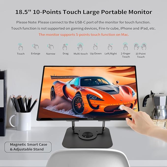 18.5 Inch Touchscreen Large Portable Monitor Metal Shell IPS HDR 1080P with Smart Cover & Rotatable Stand & Speakers, 99% sRGB, 350cd/m², VESA, USB-C HDMI External Touch Screen for Mac/Laptop/PC/Phone