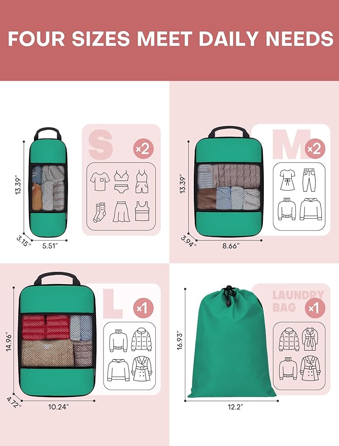 6 PCS Set Compression Packing Cubes for Travel, Lightweight Packing Organizer Bags Travel Essentials for Carry On, Suitcase, Home Closet - Green