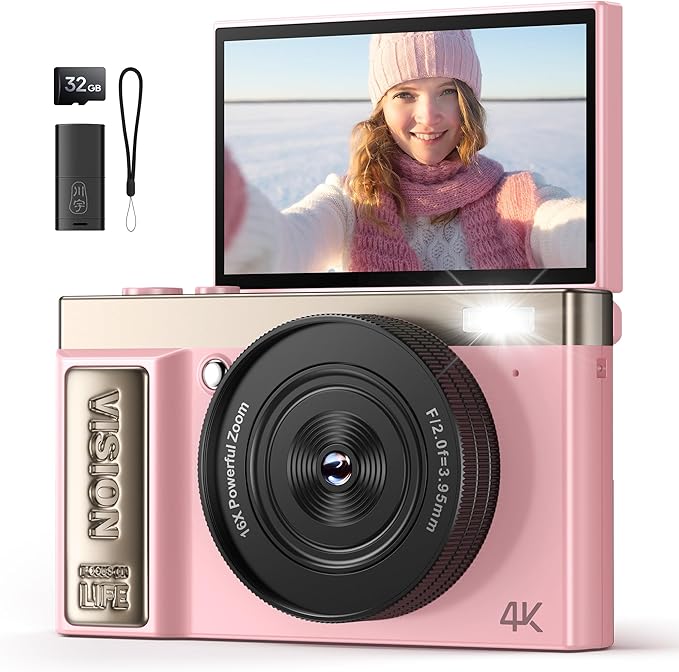 4K Digital Camera Pink for Girls Teens: 64MP Vlogging Camera with Flip Screen - 16X Zoom - Cute Compact Cam for Photography and YouTube – Aesthetic Point and Shoot Gift for Ages 8-18