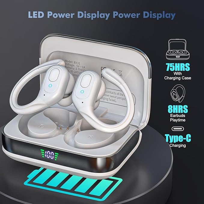 Bluetooth Headphones Wireless Earbuds with 75Hrs Playback, LED Display Charging Case, IPX7 Waterproof, Over-Ear Design Ear Buds for Sports/Running/Workout - White