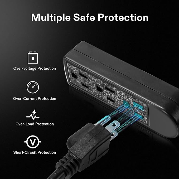 VIVOSUN 12 ft Extension Cord, 3-Outlet Power Strip with 1800W Surge Protection, 15A 14 AWG, Flat Heavy Duty Extender for Indoor Outdoor Use, Garden Home Office, Black