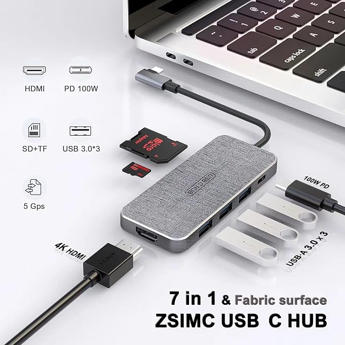 USB C Hub, ZSIMC 7-in-1 Docking Station Multiport Adapter with 4K HDMI, 100W Power Delivery, 3 USB 3.0 Ports, SD/TF Card Reader for MacBook Pro/Air, iPad Pro/Mini 6, Surface and More Type C Laptops