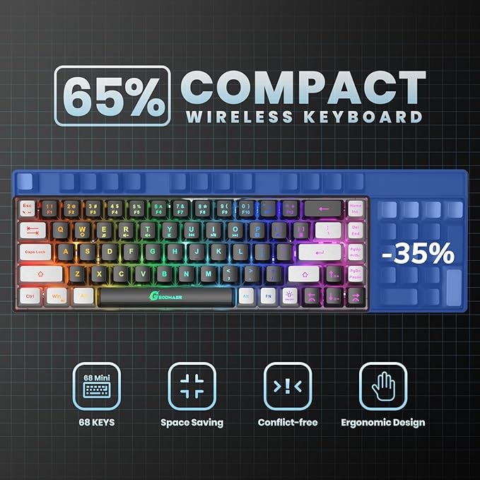 65% Wireless Gaming Keyboard, Rechargeable Backlit Gaming Keyboard, 68 Keys Ultra-Compact Anti-ghosting No-Conflict Wireless Keyboard for PC Laptop Windows Gamer(Black-Grey)