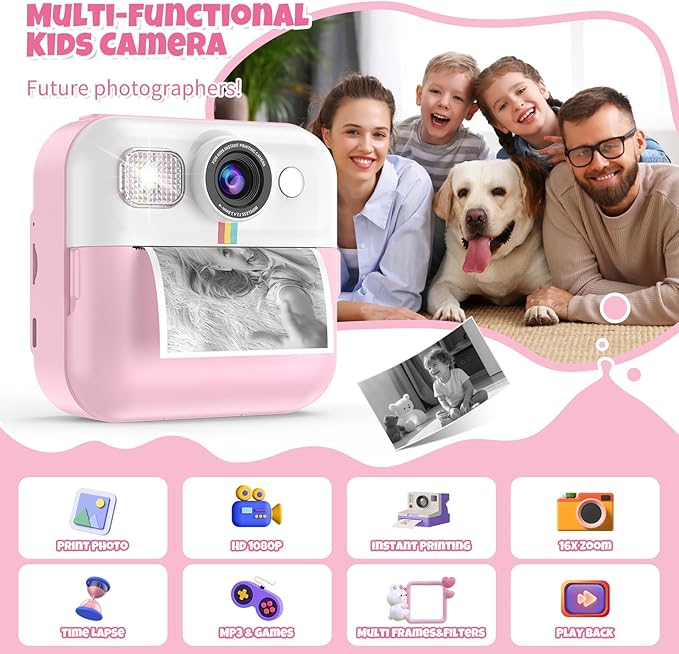 Instant Print Camera for Kids, Christmas Birthday Gifts for Girls Age 3-10, Toddler Toy for 3 4 5 6 7 8 9 10 Year Old Girls with 3 Roller Photo Paper (Pink)