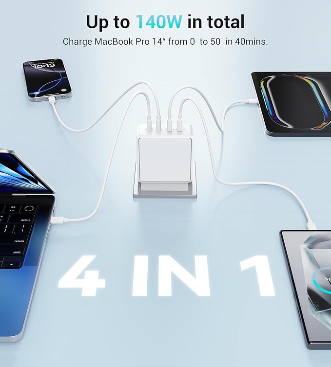 140W USB C Mac Book Pro Charger, 4-Port Type C 20W Fast Charger Block for USB C Port MacBook Pro & MacBook Air, ipad Pro,Wall Charging Block Cube for iPhone 17/16/15/14/13 Pro Max, iPad,Samsung Galaxy
