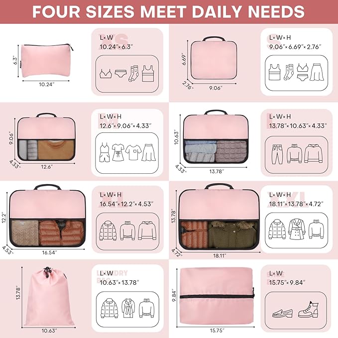 8 PCS Compression Packing Cubes for Travel Women, Compression Bags Organizer for Luggage Space Saving Travel Essentials and Carry on, Luggage Organizer Bags for Suitcase - Pink