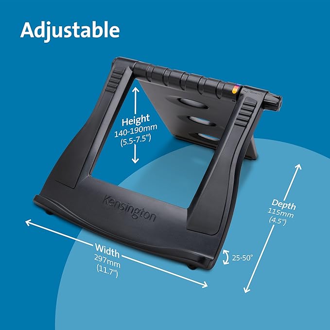 Kensington Adjustable Aluminum Laptop Stand for Desk, Ultra-Slim Lightweight Foldable Portable Notebook Holder, Anti-Slip Silicone Tablet Mount for 10"-17" Laptops and Tablets, Black K50428WW