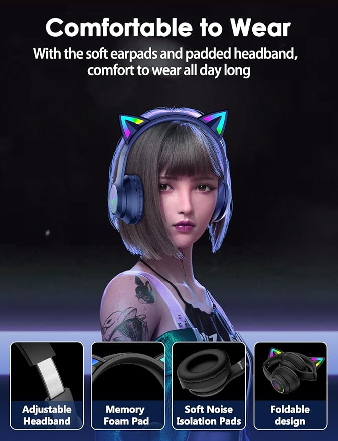 Cat Ear Bluetooth Headphones for Kids & Adults, 55H Play Time, Wireless Foldable & Wired Multi-Function LED Light Up Over Ear Headphones with Mic and Volume Control for iPhone/iPad/Laptop/PC