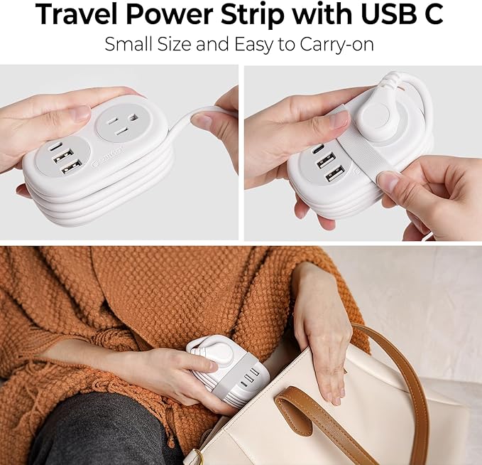 ORICO Travel Power Strip, 3.7FT Small Extension Cord, Portable Power Strip Flat Plug with 2 AC Outlets 3 USB Ports (1 USB C), Multi Plug Extension Cord for Travel, Cruise, Office, Hotels