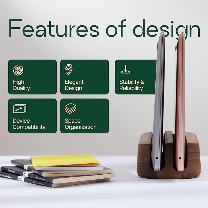 Dual Laptop Stand Vertical Laptop Holder - All MacBook Vertical Stand up to 0.7'' Thick - Handmade Holder Made of Natural Wood (Dual Walnut)