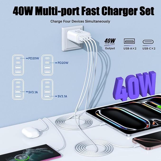 iPhone 17 16 Charger,4-Port USB C Charger Block Fast Charging 2Pack 40W Wall Charger with 10FT USB C to C Woven Braid Cable Cord for iPhone 17 Pro Max/17 Pro/17/Air/16e/16 Pro Max/16 Plus/15/iPad
