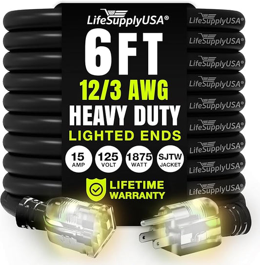 6ft Outdoor/Indoor Extension Cord 12/3 Gauge Extra Heavy Duty 3 Prong SJTW, Waterproof, Flexible Cold-Resistant Long Power Cord,15A 125V 1875W, Black by LifeSupplyUSA