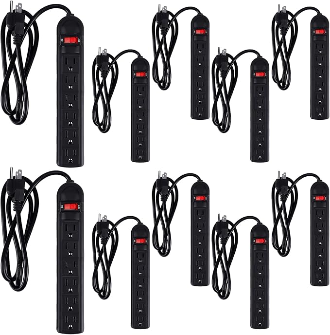 Hoteam 10 Pcs Power Strip Bulk 6 Outlet Surge Protector Power Cord Electrical Extension Cord with Switch Low Profile Plug Flat for Home Office(8.2 ft,Black)
