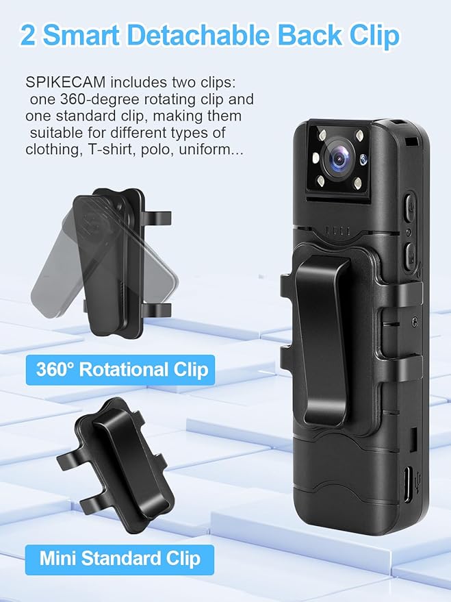 SPIKECAM Computer-Free Body Cameras with Audio and Video Recording, 6 Hrs 1080P Personal Small Bodycam with Photo, Night Vision, SOS Sound, Wearable Body Cam for Security, Running, Biking 128G