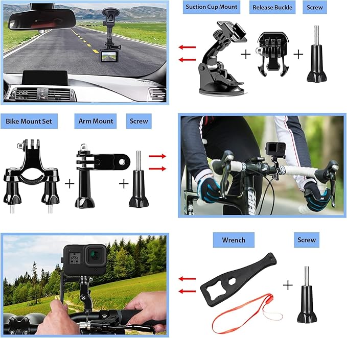 HONGDAK Action Camera Accessories Kit for GoPro Hero 13 12 11 10 9 Black, Waterproof Housing+Silicone Case+ Adjustable Arm+Head Chest Wrist Strap+Bike Mount+Suction Cup+Floating Grip Bundle Set 63in1
