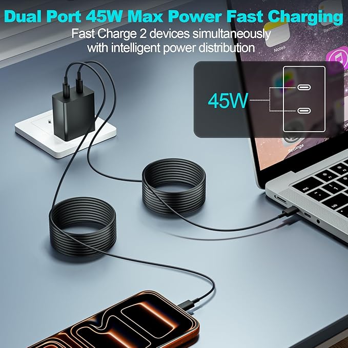USB C Charger for iPhone 17 16 15,45W Dual Type C Charger Fast Charging Block,2Pack Quick Type C Phone Chargers 6FT Long USB C Charging Cord for iPhone 17 Pro/17 ProMax/17 Air/16 ProMax/16e/15/15 Plus