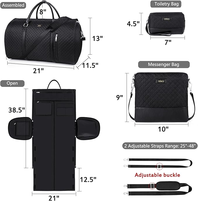 4pcs Convertible Garment Duffel Bag for Travel - 50L 2-in-1 Carry On Weekender Overnight Bag with Toiletry Bag, Fits Suits & Dresses, Trolley Sleeve, Hanging Suit Compartment, Waterproof Shoe Pocket