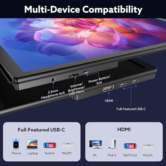 23.8'' Portable Monitor 4K UHD (3840 * 2160) 100% sRGB Fast IPS External Gaming Screen 60Hz USB-C HDMI Built-in VESA Stand Speakers for Laptop PC Mac Phone PS4/5 Xbox Switch