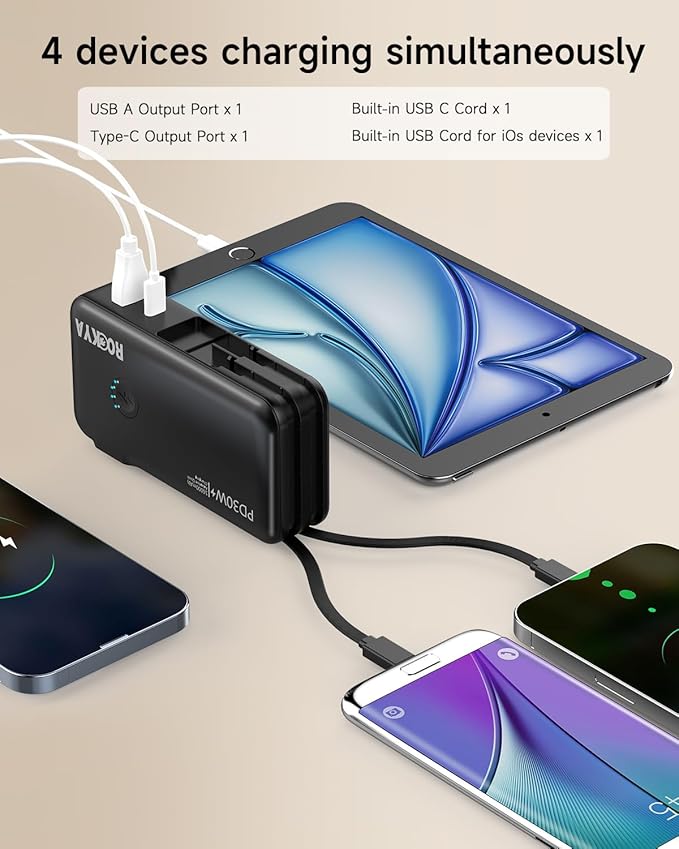 Portable Charger with AC Wall Plug and Built in Cables,PD 30W Fast Charging USB C Power Bank 16000mAh with 4 outputs,Travel Battery Pack Compatible with iPhone 16 15,MacBook,Pad,Samsung (Black)