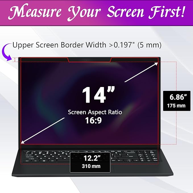 PYS Magnetic Laptop Privacy Screen 14 Inch (16:9 Aspect) - Anti-Glare Blue Light Filter, Removable Privacy Screen Protector Compatible with HP/Dell/Acer/Lenovo/Samsung/ASUS (12.2x6.9inch/ W x H)