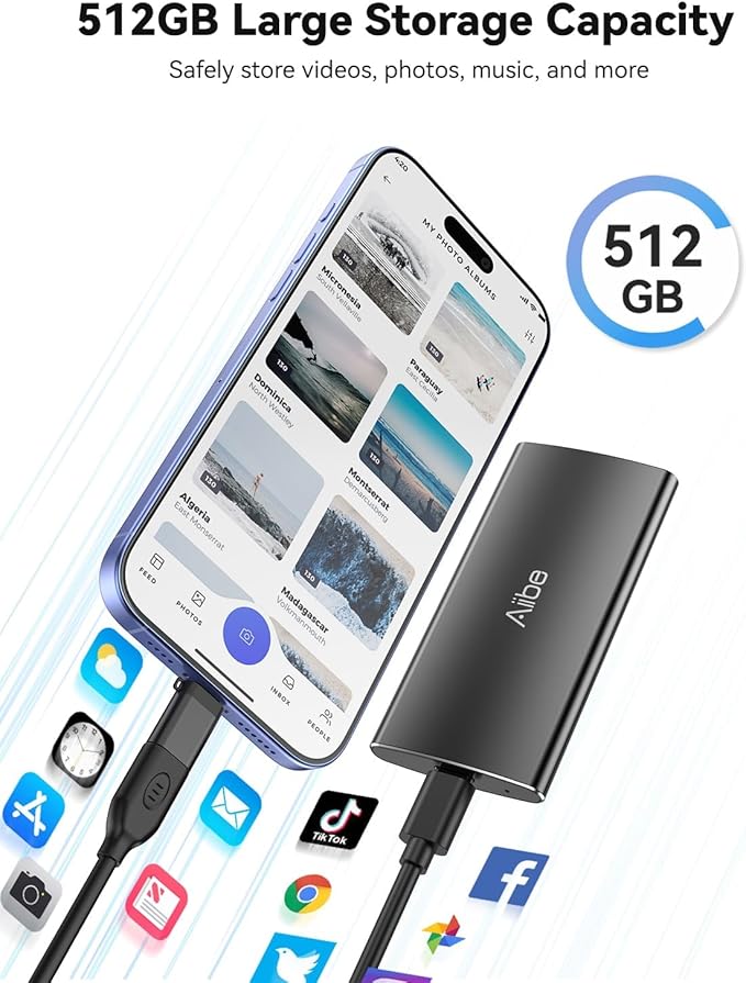 Aiibe 500GB External Solid State Drive USB C Portable SSD USB 3.2 Gen 2, Up to 1050MB/s, External SSD 500GB External Hard Drive for iPhone 15/Pro, Laptop, Mac and PS4 (Black)