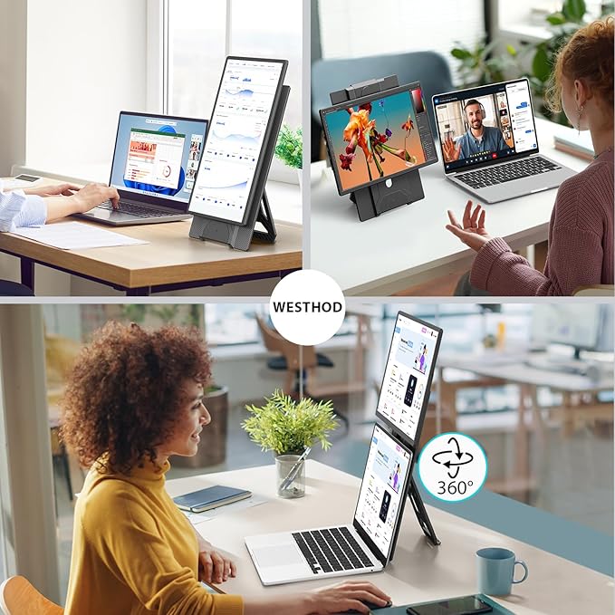 16.2'' Laptop Monitor Extender, 1920 * 1200 USB-C/HDMI with Retractable Stand, Ultra-Slim Laptop Screen HDR Eye Care Computer Display Plug-Play, External Monitor for MAC PC Phone PS4 Switch