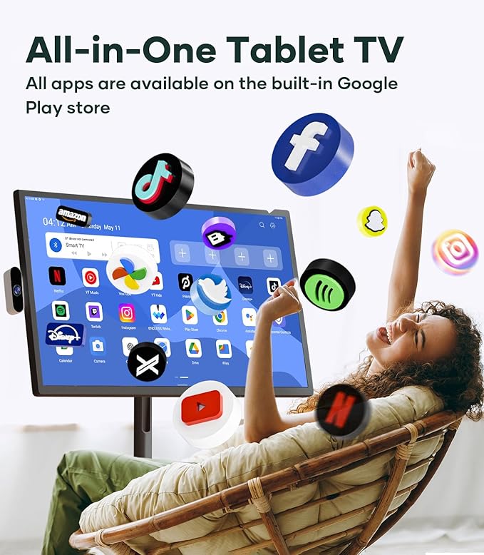 Cozyla Mate 32 Inch Mobile Portable TV Stand on Wheels Support Google Store Full Swivel Rotation Portable Touch Screen Monitor Built-in Battery Smart Rolling Tablet TV 4K Camera Remote Control Black